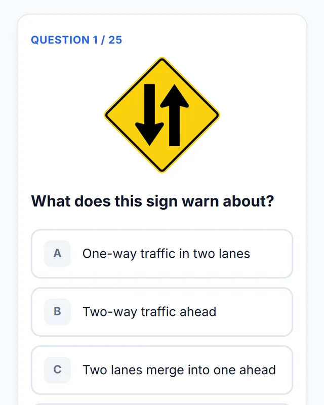 A question with a traffic picture and answer options. Tap to enlarge.