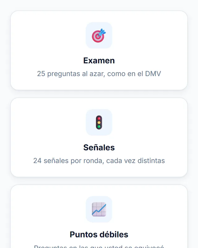 Los modos de práctica: examen, señales, puntos débiles y señales como en el DMV. Toque para ampliar.