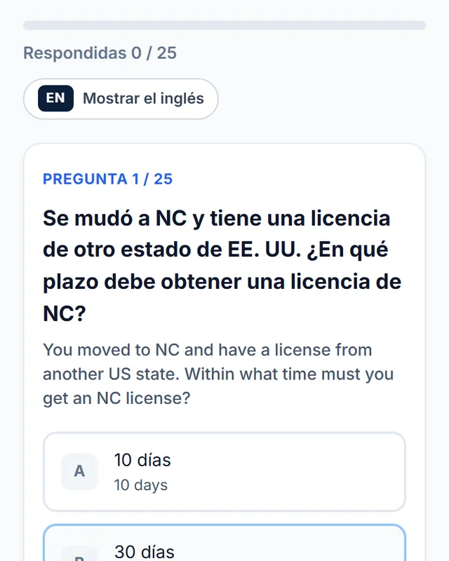Pantalla de práctica con una pregunta y el original en inglés. Toque para ampliar.