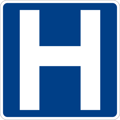Hospital — синий квадрат с белой буквой H