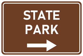 STATE PARK sign: brown rectangle with text and an arrow